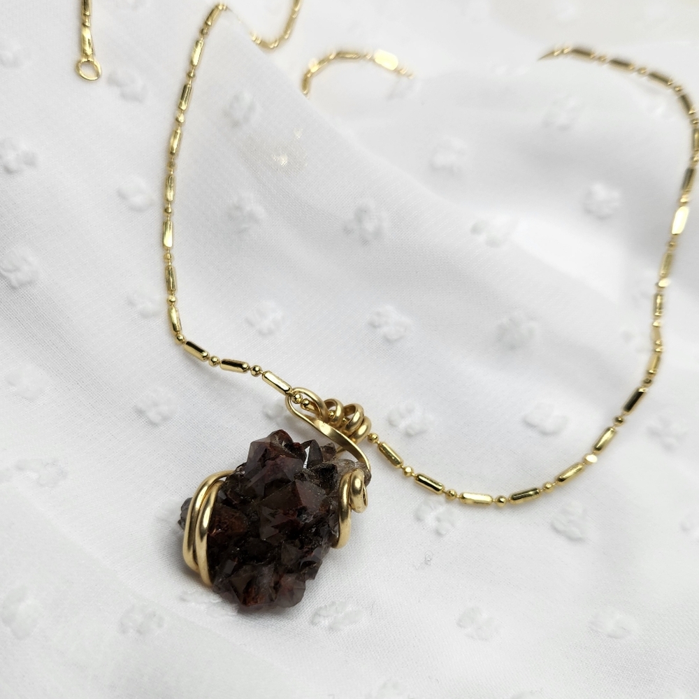 Gold Wired Crystal Necklace with Dark Smoky Quartz Stone